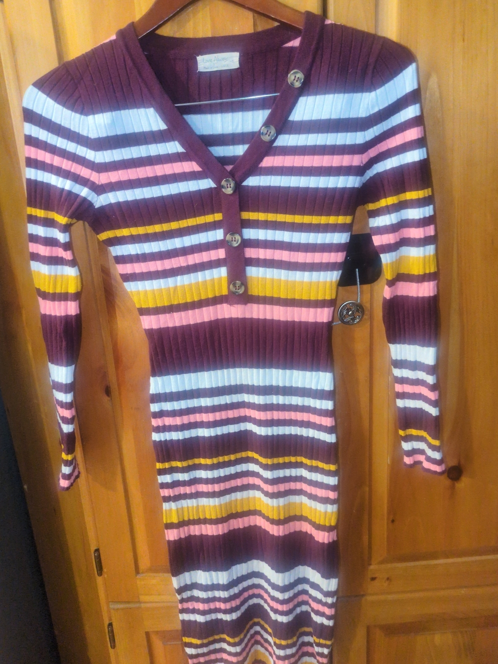Striped Ribbed V-Neck Sweater Dress - Burgundy Multi